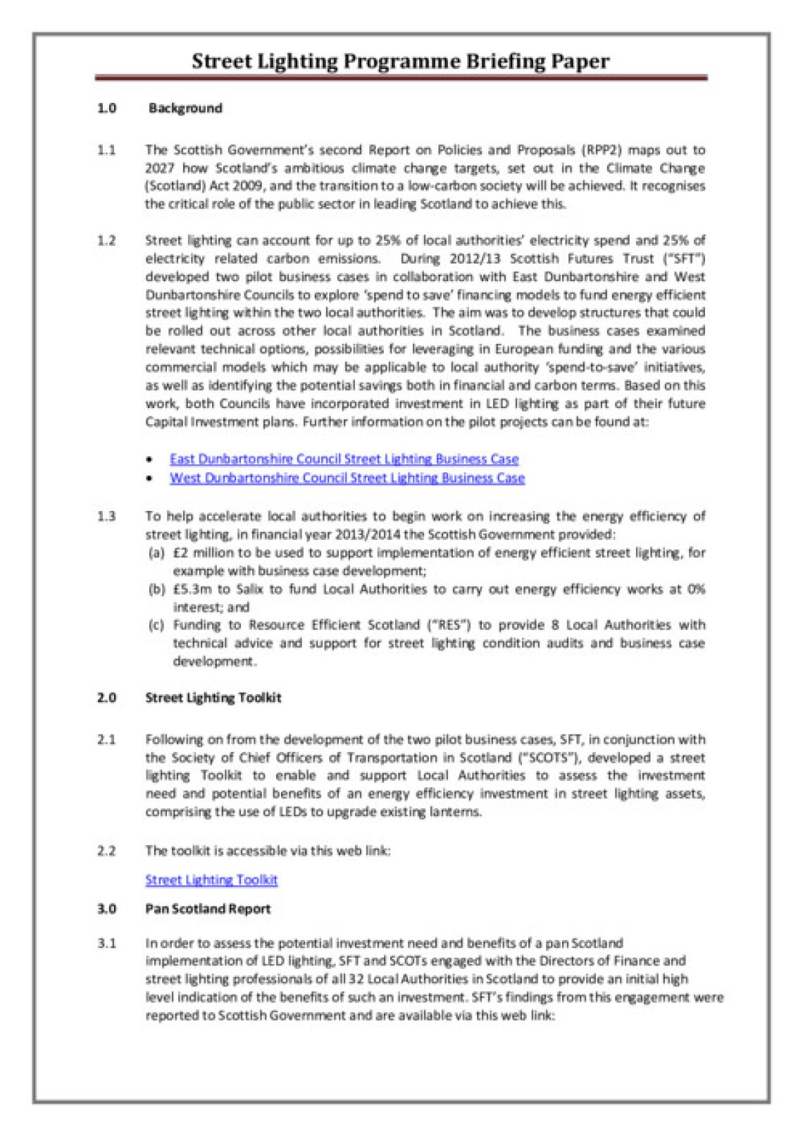 Street Lighting Programme - Briefing Paper cover